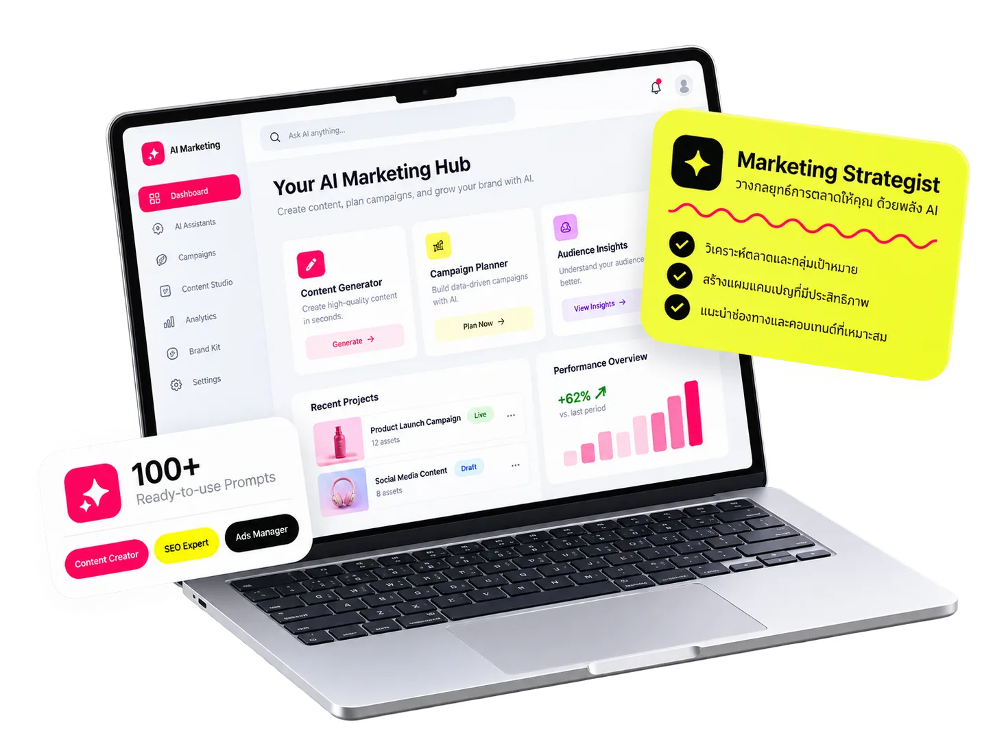 AI Marketing Team dashboard on laptop